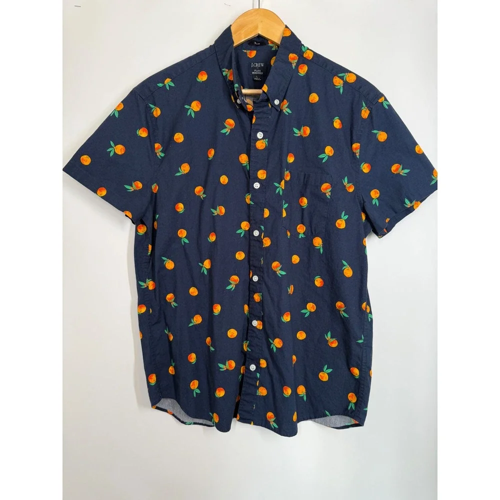 J.Crew Mens Slim Flex Washed Short Sleeve Orange Print‎ Button Down Shirt Navy L